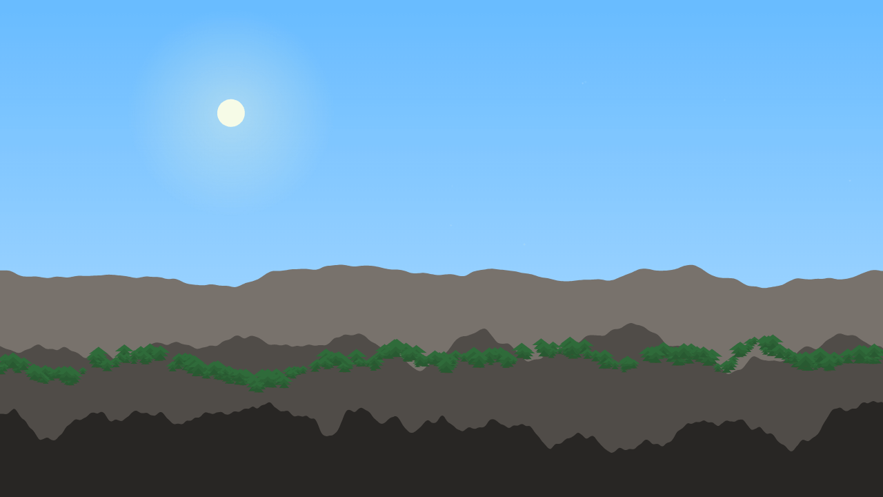 A daytime scene from the 2D landscape lightweight GPU benchmark, showing procedurally generated mountains, clouds, and trees.